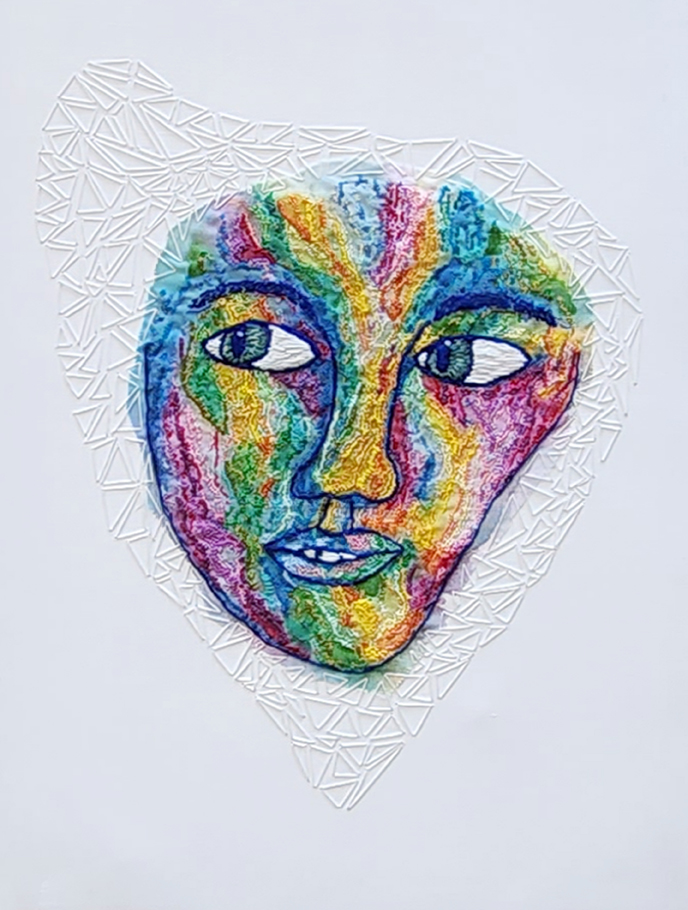 Worried-Mixed media painting with embroidery by artist Christy Strickler