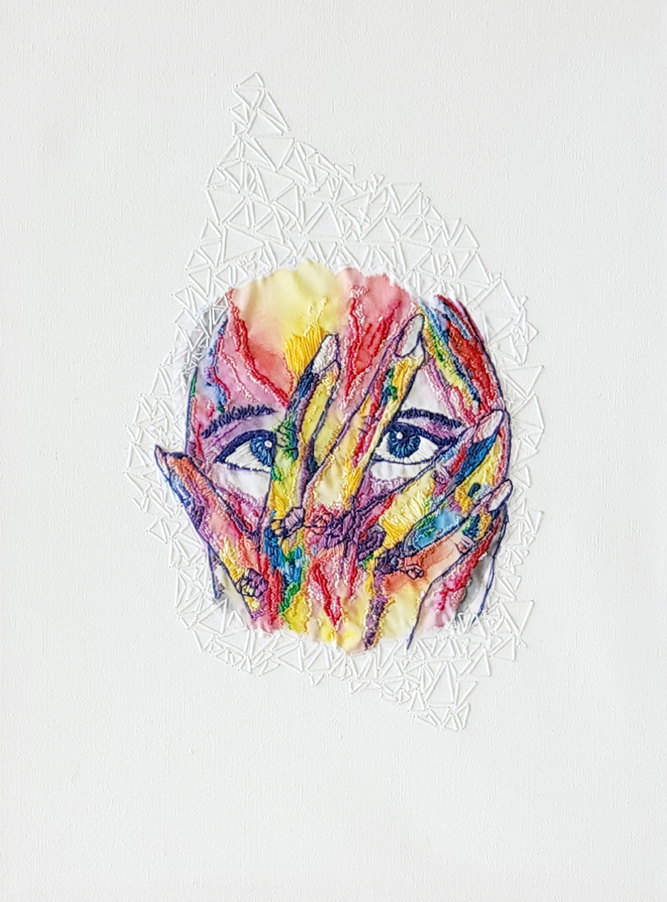 Don't Stop looking- Mixed media painting with embroidery by artist Christy Strickler