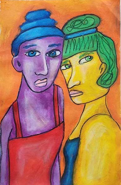 2 Worried Girls Oil Pastel Print, version 2 by artists Christy Strickler