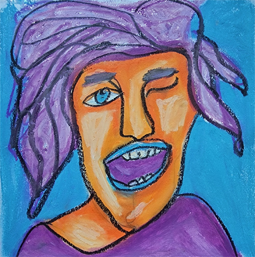 A weird portrait titled Happy Feelings created with oil pastels in a sketchbook, part of the Weird People art series.