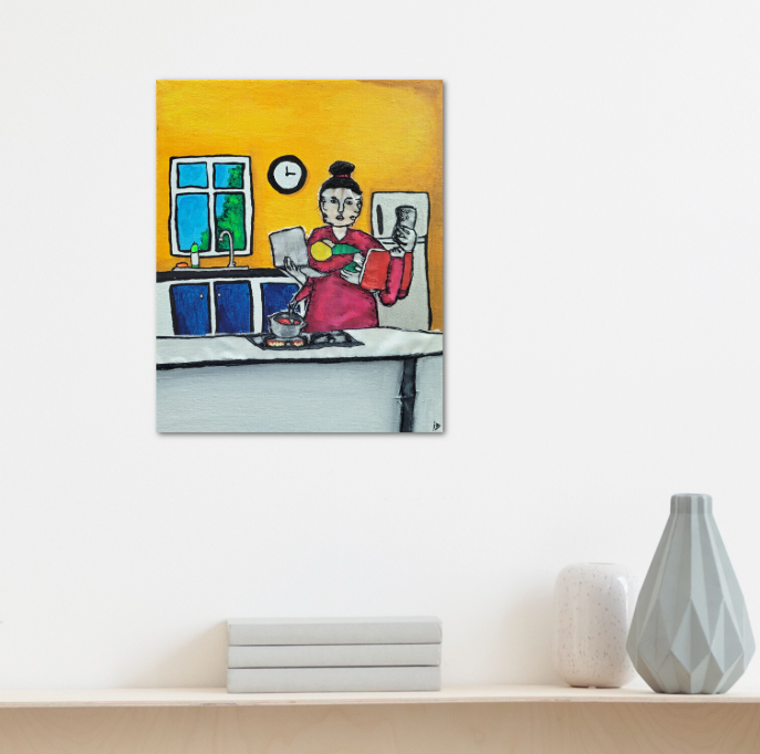 Fine Art by Christy Strickler, Multitasking from a woman's perspective displayed on wall above a shelf